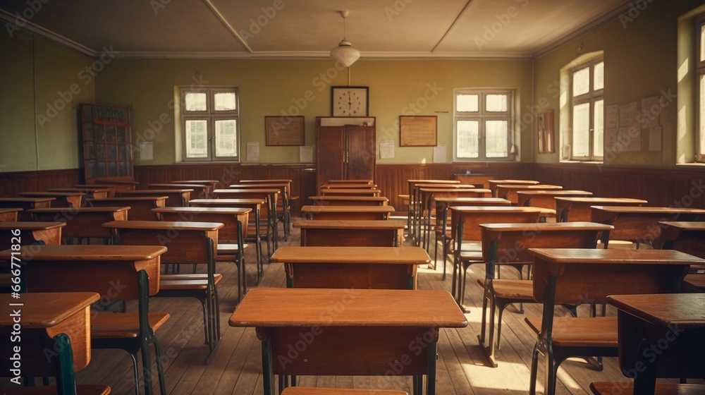 interior of a school classroom with wooden floors and furniture.