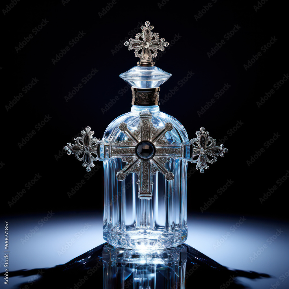 Glass perfume or holy water bottle showing wear to the gold gilding with an ornate cut out floral pattern isolated on white