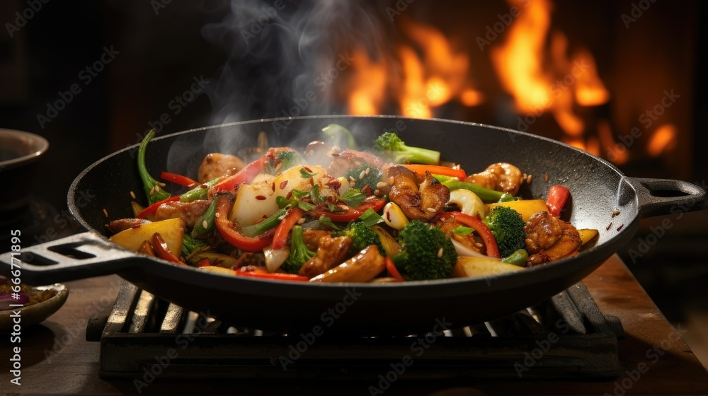 a wok filled with vegetables and meat on a stove. generative ai a wok filled with vegetables and meat on a stove. generative ai