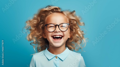Happy little curly blond girl Isolated on a solid blue background
