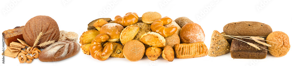 Fresh bread products isolated on white . Collage. Free space for text. Wide photo.