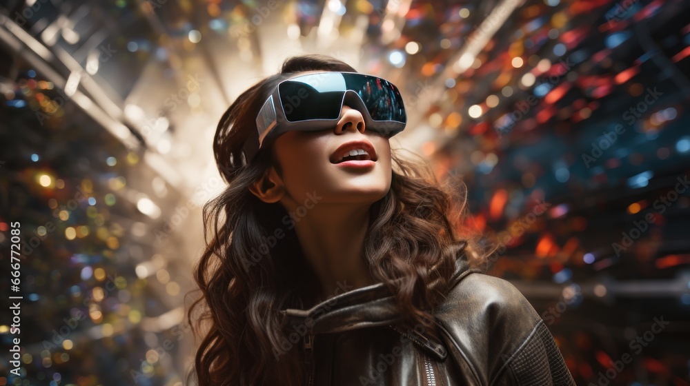 A girl wearing reality glasses explores the expanses of space A girl wearing reality glasses explores the expanses of space