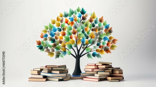 Tree with books like leaves. Literacy, education, and knowledge concepts with colored books on a tree on a white background