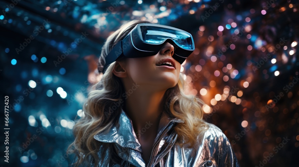A blond long hair woman wearing reality glasses explores the expanses of space. A blond long hair woman wearing reality glasses explores the expanses of space.