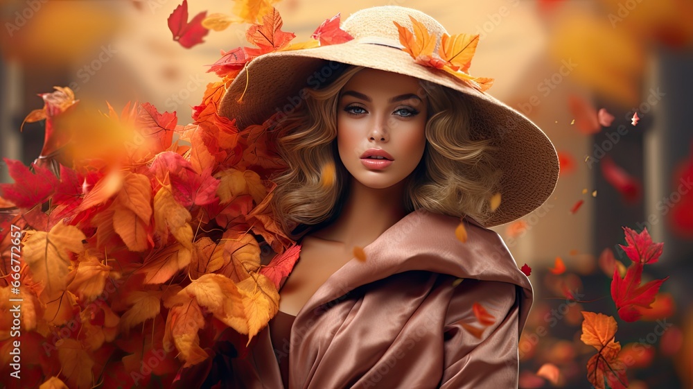 fall fashion pieces with a backdrop of striking autumn elements in a clear and realistic style. fall fashion pieces with a backdrop of striking autumn elements in a clear and realistic style.