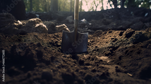 A shovel dug into the earth in front of a large tombstone evokes a scene of farewell and renewal. The disturbed soil testifies to the care dedicated to the memory that rests there.