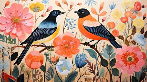 a painting of two birds sitting on a branch with flowers.  generative ai © Anna