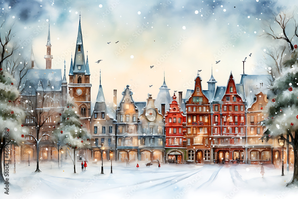 Fototapeta premium Watercolor Christmas City in Retro Style.