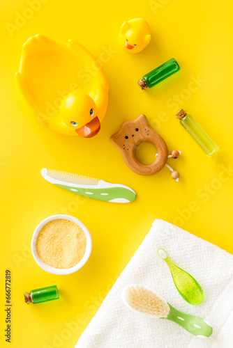 Rubber duckling for bathing and baby bath cosmetic, top view