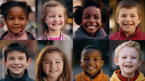 children from around the world, showcasing their confident smiles, bright white teeth, and joy, set against checkered smiling face backgrounds. photo