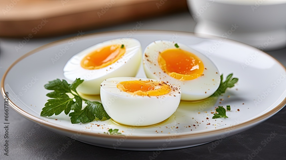 a white plate topped with hard boiled eggs and garnished with parsley. generative ai a white plate topped with hard boiled eggs and garnished with parsley. generative ai