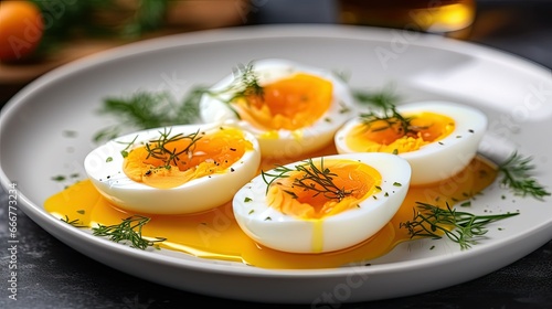  a white plate topped with hard boiled eggs and garnished with herbs.  generative ai