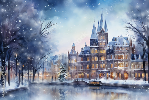 Watercolor Christmas City in Retro Style. © julimur