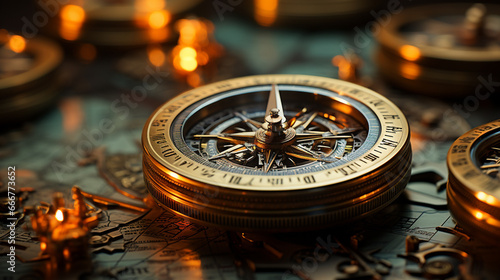 close up view of compass on wooden background