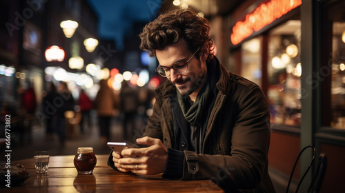 young man holding a smartphone with a glowing light in the city