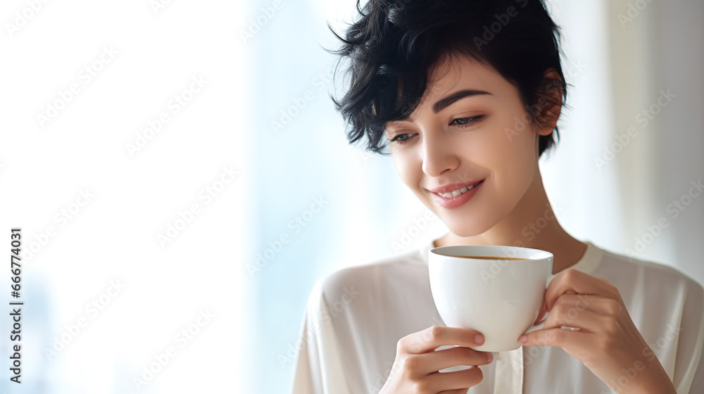 black haired woman with short hair drinking coffee holding a cup in the front of her face black haired woman with short hair drinking coffee holding a cup in the front of her face