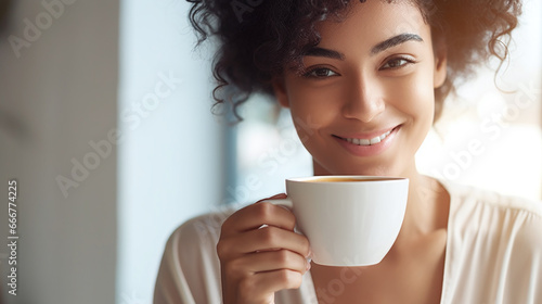 afro amercian woman drinking coffee holding a cup in the front of her face photo