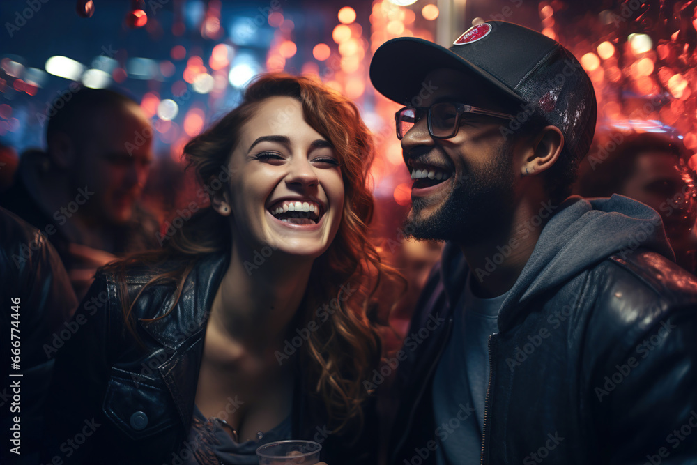 A group of people dancing at a party at night.