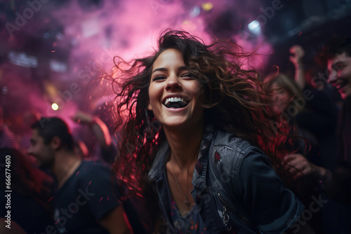A woman laughing while standing in front of a crowd in disco.