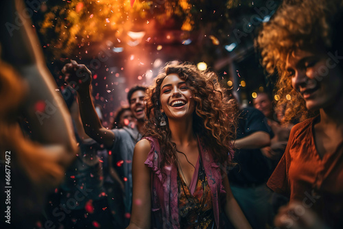 A group of people celebrating with confetti in disco.