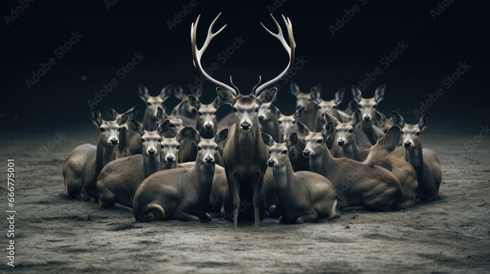  a herd of deer sitting next to each other on a field.  generative ai - obrazy, fototapety, plakaty 