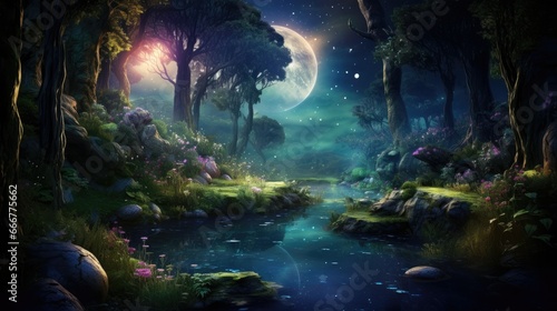  a painting of a river in a forest with a full moon.  generative ai © Olga
