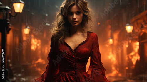 beautiful woman in red dress with smoke on dark background