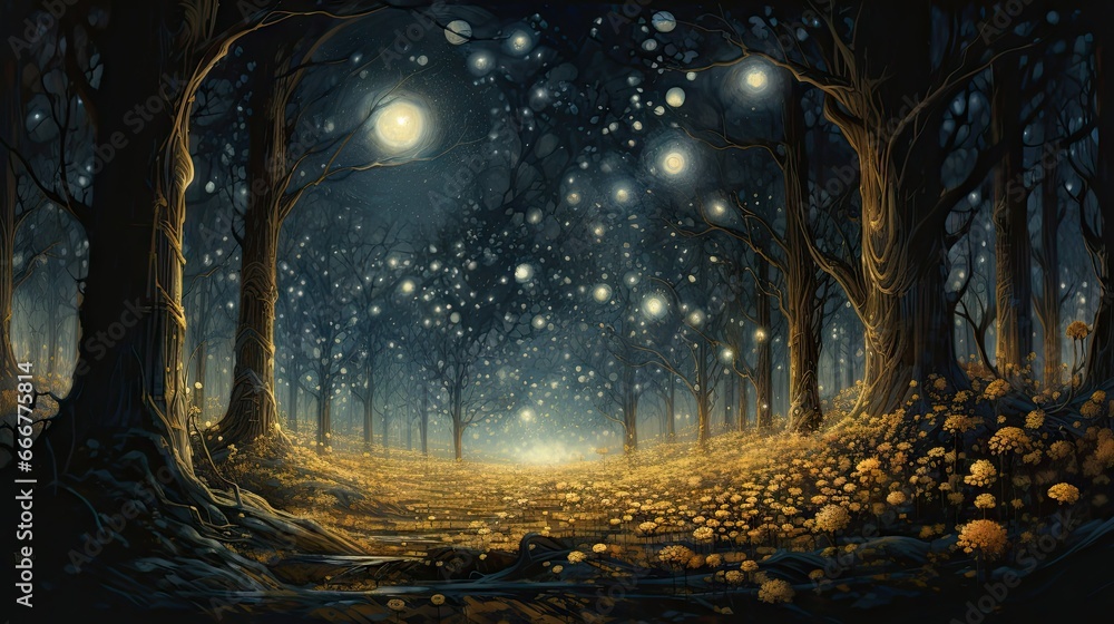  a painting of a night in a forest with a full moon.  generative ai
