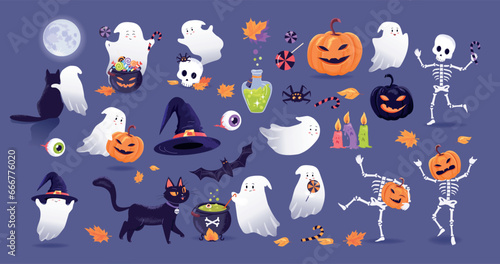 Funny colorful Halloween characters, ghosts, skeletons, pumpkins, cat, bat, magical party decoration