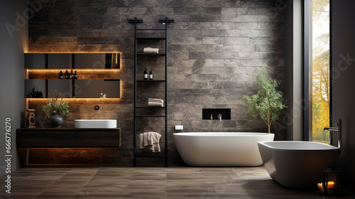 Wallpaper Mural modern bathroom interior with white wooden floor, bathtub, shower tub with big mirror, parquet, bathroom with big window, 3 d rendering Torontodigital.ca