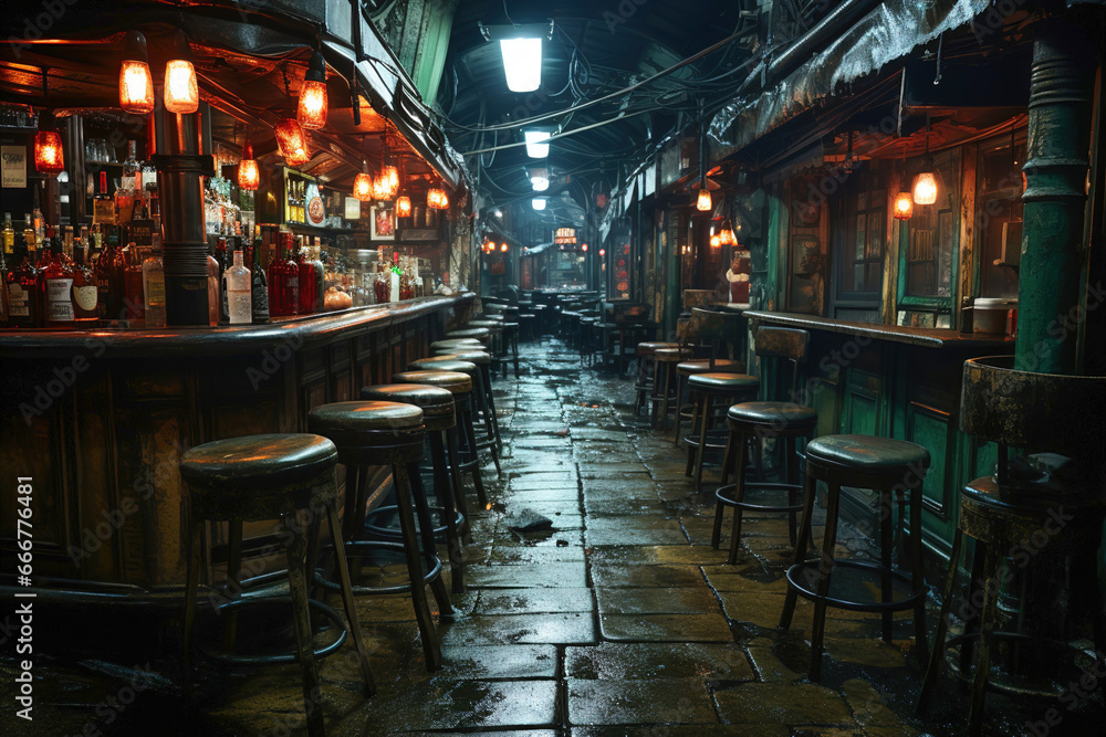 Cozy and atmospheric bar at night with a row of bar stools.