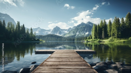  a wooden dock sitting on top of a lake next to a forest. generative ai