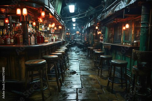 Cozy and atmospheric bar at night with a row of bar stools.