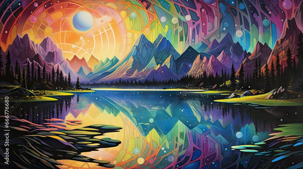 Obraz premium a painting of a mountain lake with a colorful sky and stars. generative ai
