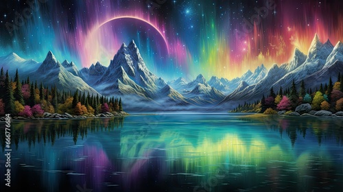  a painting of mountains and a lake with a rainbow colored sky.  generative ai © Olga