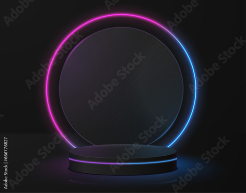 Vector round podium on a glass background with neon on a dark background.