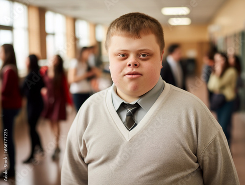 Student with Down syndrome at school. Education for disabled children concept