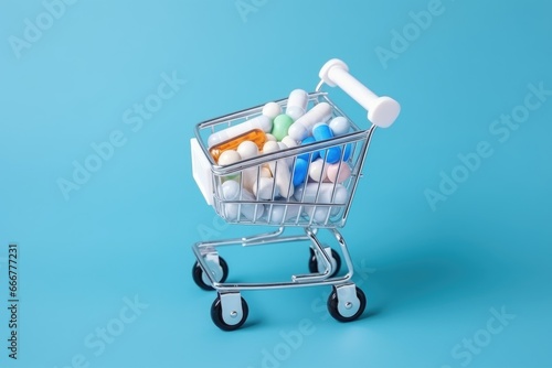 Pills in a shopping cart on a blue background