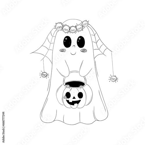 Vector illustration in doodle style of a cute ghost in a wedding veil-web with dangling spiders. The ghost looks like a bride and carries a basket - pumpkin. Card or invitation Happy Halloween.
