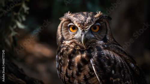Eurasian Eagle Owl (Bubo bubo) portrait. Background with a copy space.