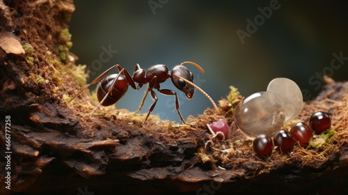  a group of ant ants standing on top of a tree branch. generative ai