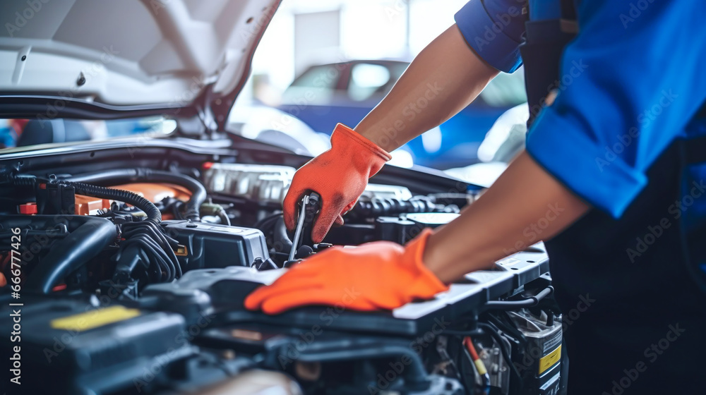 mechanic changing the engine of a car