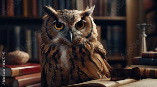 Owl sitting on a book in a library. Bookshelf background. Education Concept. Background with a copy space.