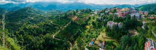 Aerial view of the Thrangu Tashi Yangtse Monastery or Namo Buddha Monastery is a Tibetan Buddhist monastery, close to Kathmandu, it lies at the top of the hill. Nepal 10-03-2023 photo