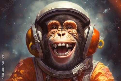 Fotografie, Tablou Happy chimp astronaut. Generative AI