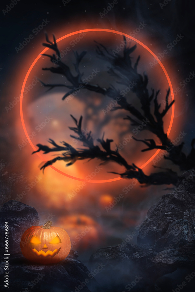 Night fantasy mountain landscape with a big moon, old tree branches, pumpkin, gloomy Halloween landscape. 3D illustration