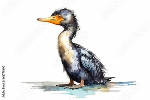 Tablou canvas cartoon-style flightless cormorant bird on white background, cute and hand-drawn in watercolor