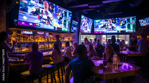An upscale game room with a polished wooden bar high stools neon signs and a wall-mounted TV showcasing a live sports match. A group of friends cheers with their drinks in hand.