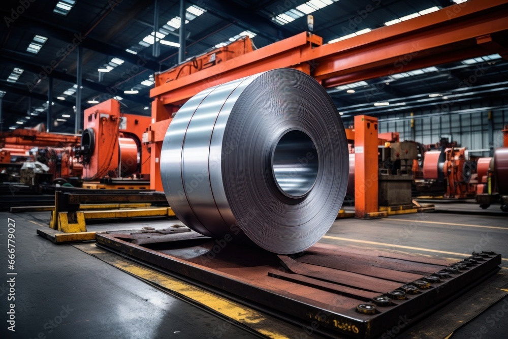 A heavy steel coil being transported on a conveyor belt - obrazy, fototapety, plakaty 