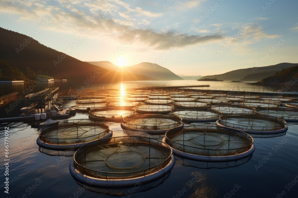 A vast array of fish cages floating on the sea, showcasing a salmon farming firm in action - obrazy, fototapety, plakaty 